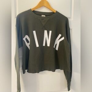 PINK Victoria's Secret Army Green Sweater Waffle weave Cropped Oversized Medium